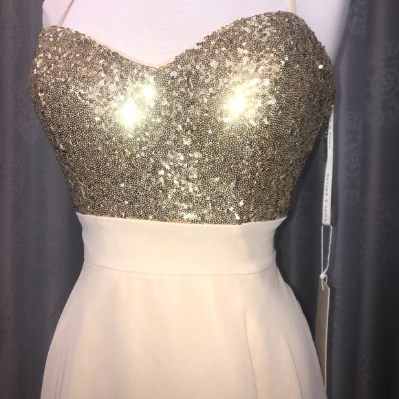 New Gold Sequin Champagne Dress, Aline Bridesmaid Formal Sparkle Gather and Gown - Picture 4 of 14